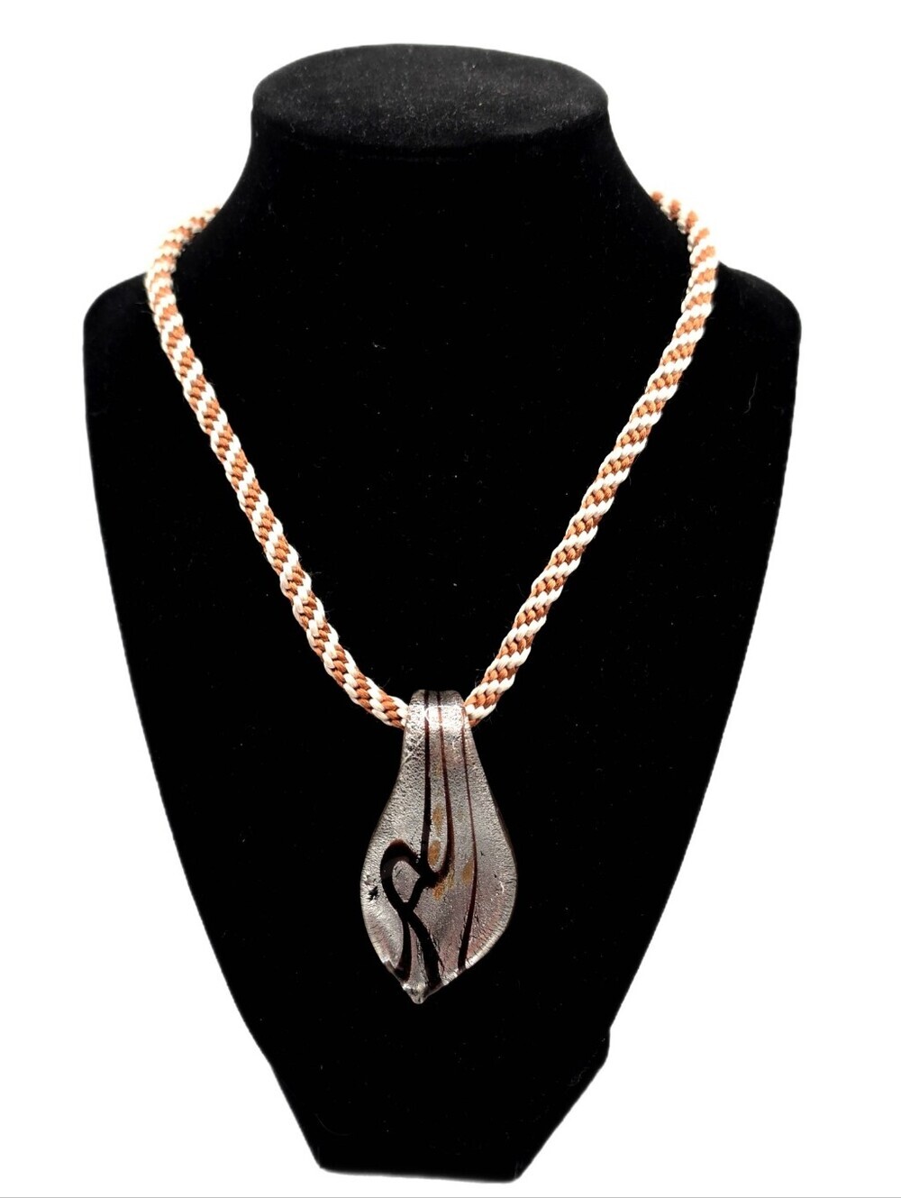 Glass Pendant Necklace Choker Style Braided Cord Chocolate & Glittery Silver